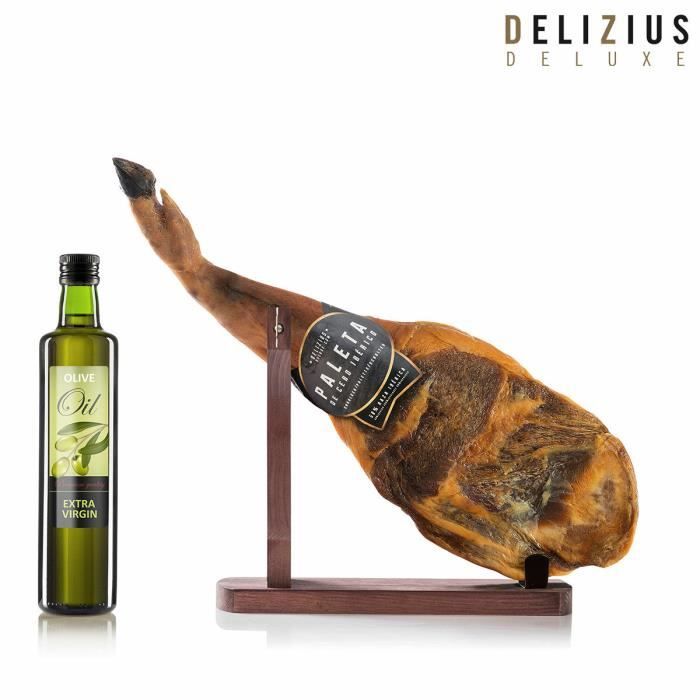 Ensemble Épaule de Porc Ibérique de Cebo 4,5-5 Kg, d’Huile d’Olive et Support à Jambon Delizius Deluxe