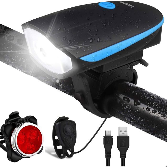 FISHTEC Kit éclairage vélo LED - Avant 250 lm arrière 60 lm avertisseur sonore intégré - Rechargeable USB