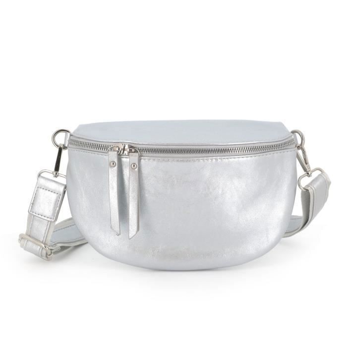 Sac à Main Bandoulière Argenté Brillant - Similicuir Gris - Taille Moyenne - Neuf Sans étiquettes