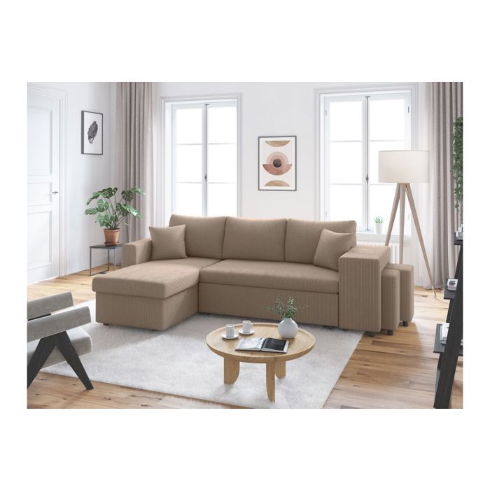 Canapé dangle réversible convertible OSLO avec coffre 2 poufs à droite en velours côtelé taupe - L241 x P146 x H81cm - LOUNGITUDE Canapé dangle réversible convertible OSLO avec coffre 2 poufs à droite en velours côtelé taupe - L241 x P146 x H81cm - LOUNGITUDE