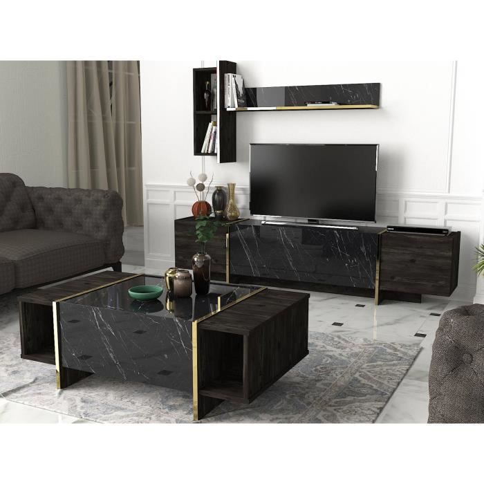 Ensemble meuble TV, étagère murale et table basse Frisko Bois foncé et Effet marbre Noir