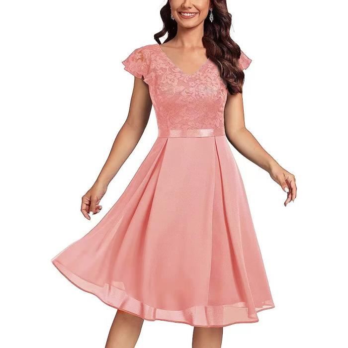 Robe Femme Col en V Mi longue Vintage Chic Dentelle Mousseline