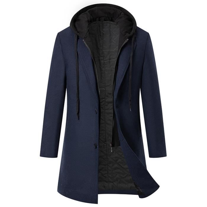 Manteau Homme en Laine Epais Mi long Manteau Hiver avec Parementure Zippee Amovible a Capuche Bleu marine Bleu marine Cdiscount Pret a Porter