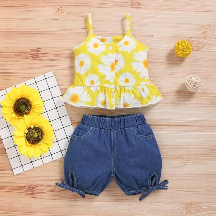 Ete Enfant En Bas Age Bebe Filles Bretelles Tournesol Gilet Hauts Short En Jean Tenues Jaune Cdiscount Pret A Porter