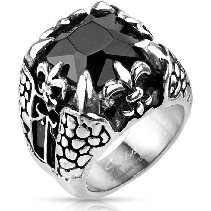 Bague homme acier pierre noire onyx fleur de lys griffe dragon