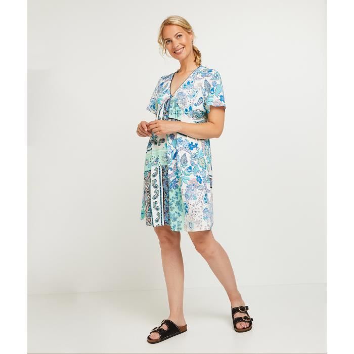 Robe en jersey longueur genou, coupe fluide - bleu layette/jaune tulipe floral Robe en jersey longueur genou, coupe fluide - bleu layette/jaune tulipe floral