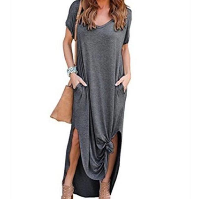 Robe,Robe longue Vintage à manches courtes pour femmes,couleur unie