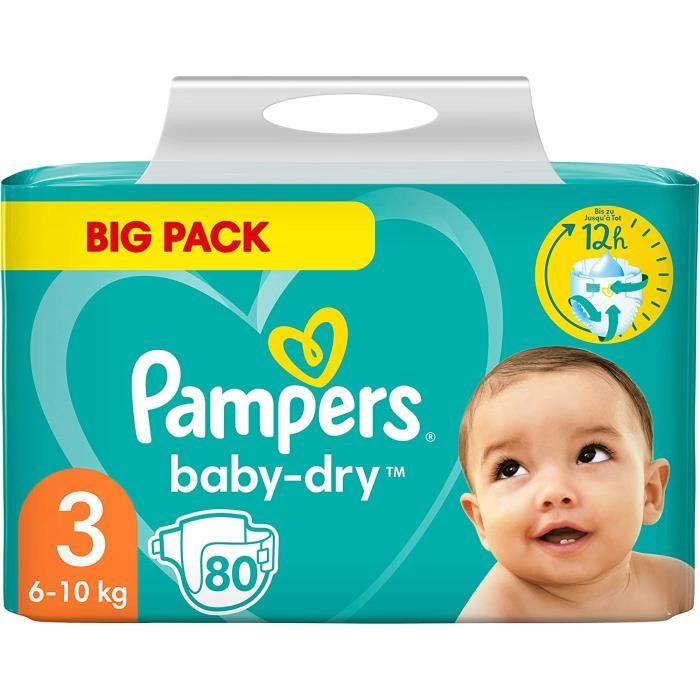 Pampers BabyDry Taille 3, 80 Couches, Jusqu’À 12 h De Protection Intégrale Contre Les Fuites