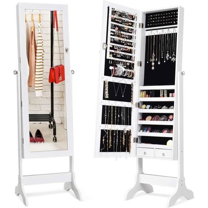 RELAX4LIFE Armoire à Bijoux sur Pied Inclinable avec Miroir 120x27CM 6 Étagères et 2 Tiroirs pour Bague Boucles dOreilles Blanc