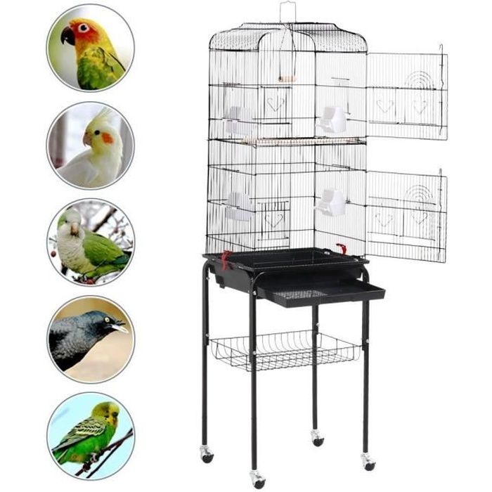 Cage à Oiseaux Sur Pied Volière Pour Perroquet Perruches Canaris Calopsitte élégante 4 Mangeoires 3 Perchoirs 1506cm De Haut
