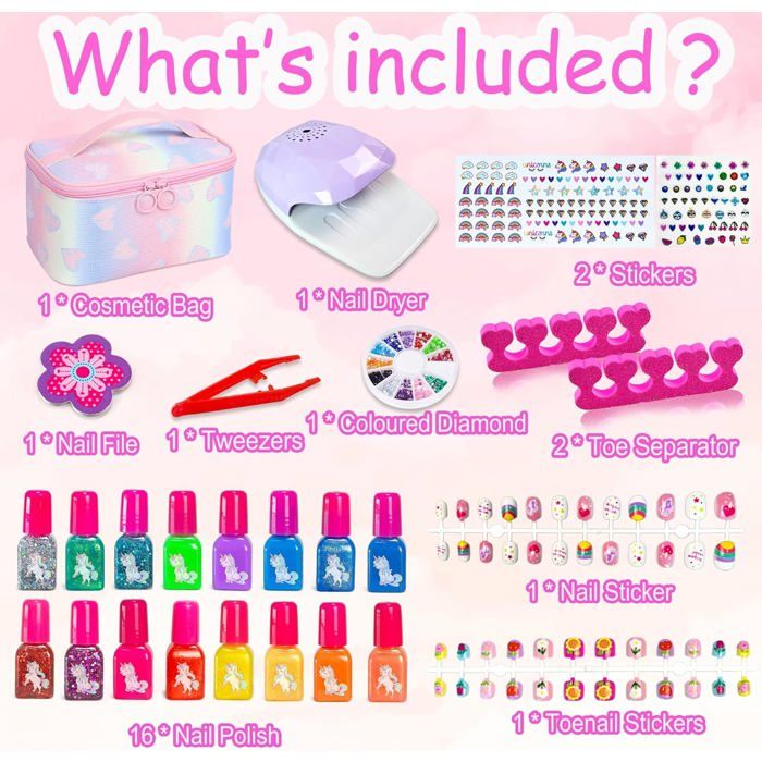 Herenear Kit Manucure Fille avec Sèche Ongles, Maquillage et Vernis à Ongle, Jouet Autocollants Cadeau Noël 4-8 Ans