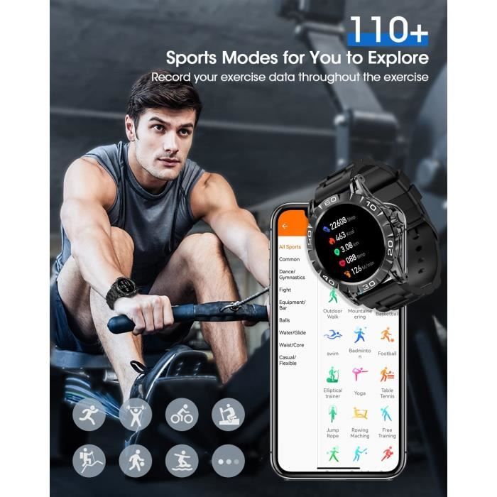 Montre Connectée Militaire Homme/Femme - Écran 1.39" HD, Bluetooth 5.4, Appels, 110+ Modes Sport, Cardio, IP68 - Compatible Android/iOS, Noir