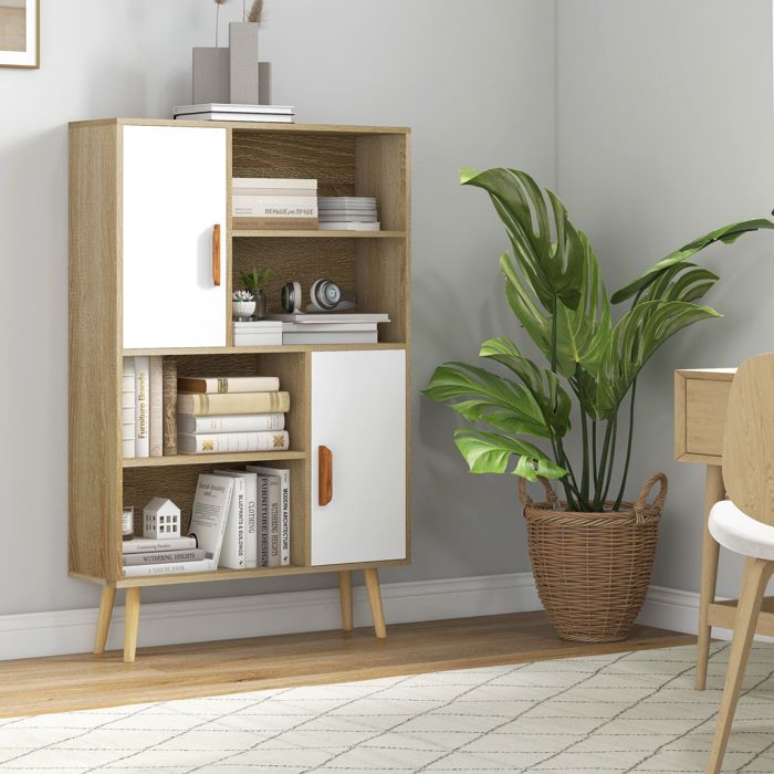 Bibliothèque En Forme D'échelle HOMCOM – 60x40x171 Cm, 3 étagères + Armoire, Chêne Et Blanc, Style Nordique - 5