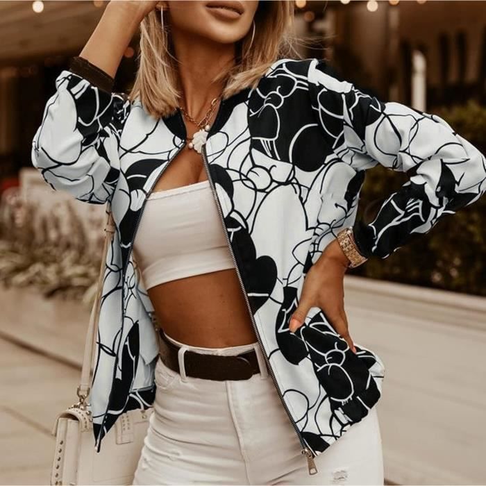 Veste Sport Femme Chic et Elegant Blouson Moto Femme Pas Cher Printemps  Automne Fleur Imprim Lger Casual VESTE VAREUSE Noir