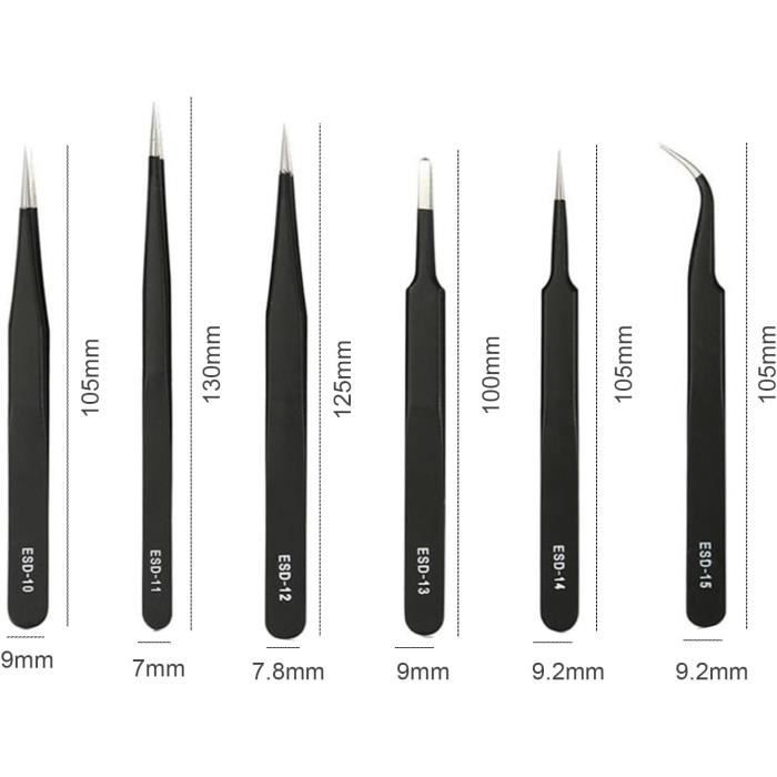 Jeu De 8 Pinces à épiler Antistatiques ESD – Acier Inox/carbone – 120 Mm – Réparation électronique