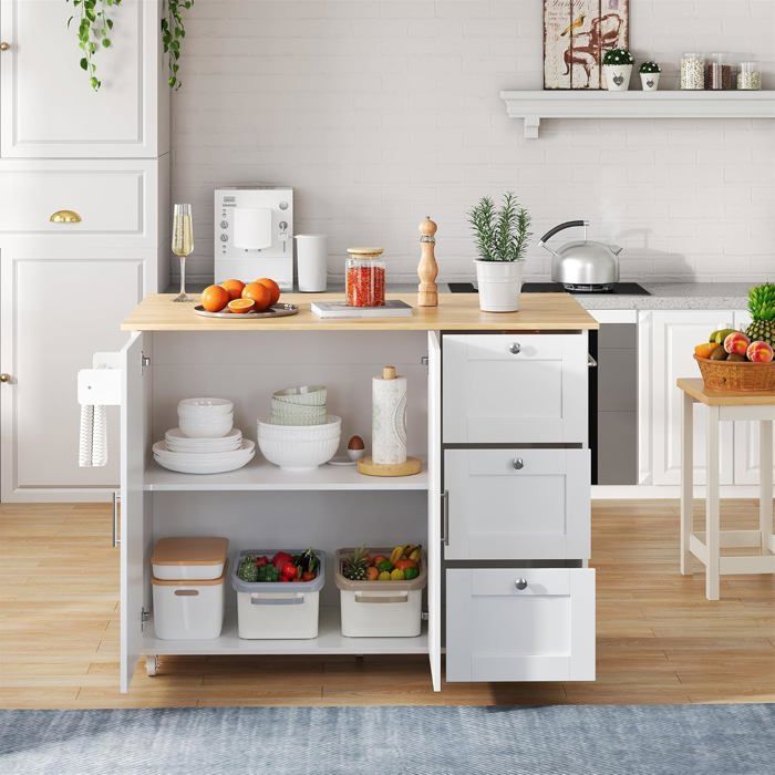 Table De Cuisine Mobile Avec Plan Rabattable – 132,5 X 44(70) X 90 Cm, Roulettes, Rangement | Meuble Multifonction îlot