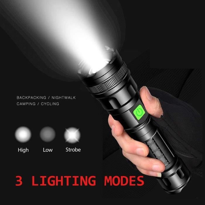 Lampe de poche puissante à lumière LED, torche Rechargeable USB