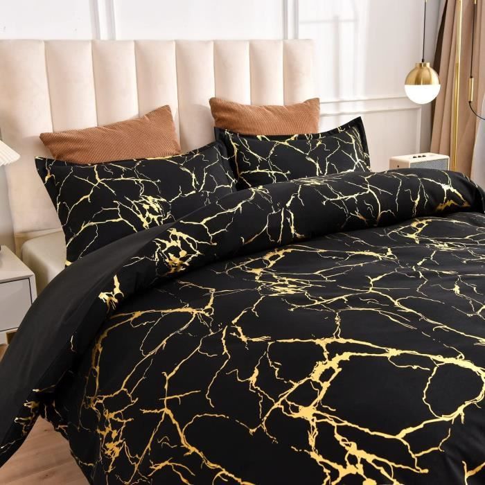 Housse De Couette 240x260 Cm + 2 Taies 65x65 Cm - Imprimé Marbre Gris Or, Microfibre Douce | Parure De Lit 2 Personnes Moderne
