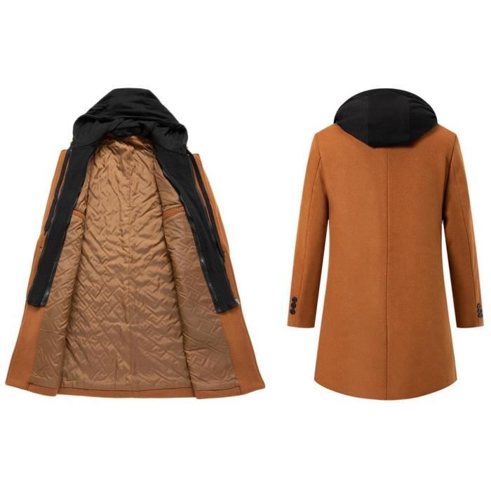 Manteau Homme en Laine,Epais Mi-long Manteau Hiver avec Parementure Zipp?�e Amovible ?� Capuche 