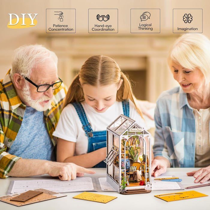 Book Nook Serre Livres Kit DIY Book Nook Maison De Poupée Miniature MOJINO – Serre-Livres 3D En Bois Avec Meubles Et Lumières LED, Puzzle Artistique Pour Adultes +14 Ans