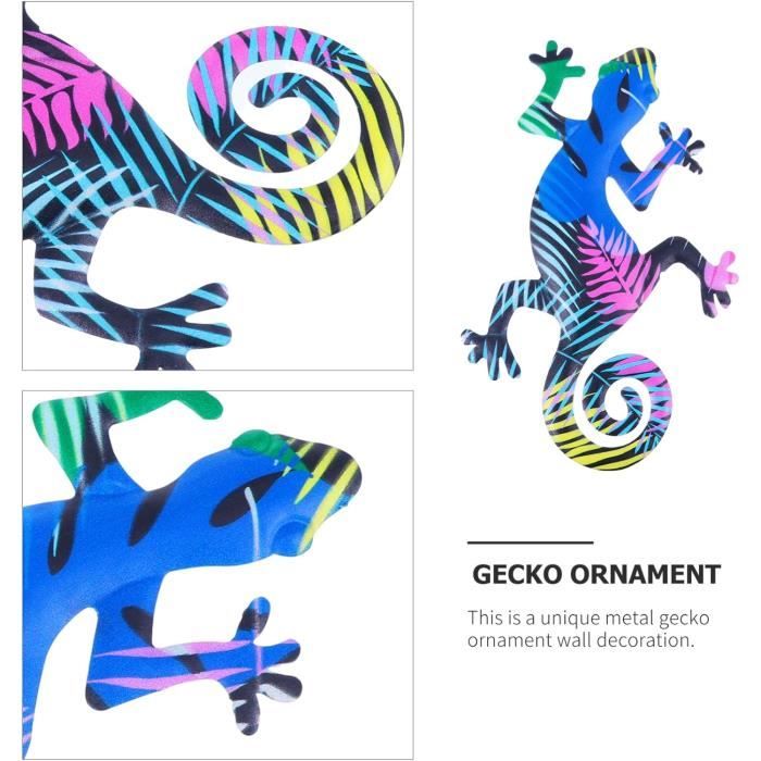 Pendentif Déco Gecko Peint - Sculpture Murale Fer 31x15 Cm - Neuf
