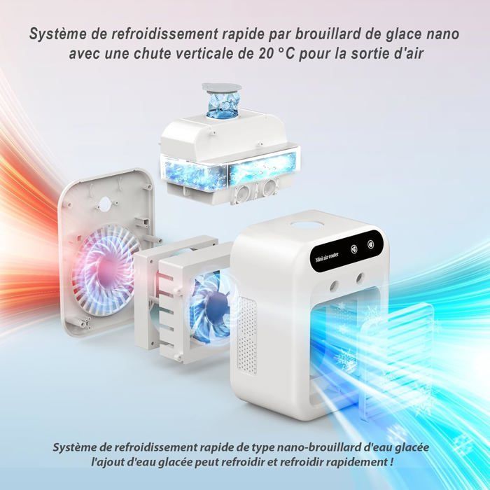 LIPONTAN Climatiseur Mobile Silencieux, Refroidisseur D'air Portable Ventilateur Humidificateur Avec 1-8h Minuterie, Oscillation 90°, 3 Modes, 5 Niveaux, Led Colorées, Écran LCD, Pour Maison/Bureau