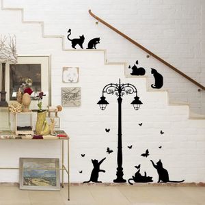 2 pièces chat noir stickers muraux ensemble auto-adhésif pour la décoration  murale, lampadaire étoile chat