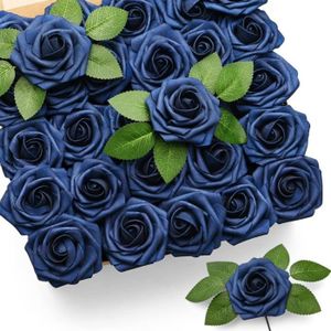 FLEUR ARTIFICIELLE Lot De 50 Roses Artificielles Bleu Marine En Mouss
