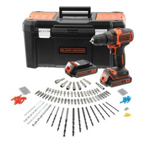 BLACK+DECKER BCK186D2KA-QW Perceuse-Visseuse sans fil - 18 V - 2 batteries 2 Ah - 120 Accessoires - Livrée en boite à outil