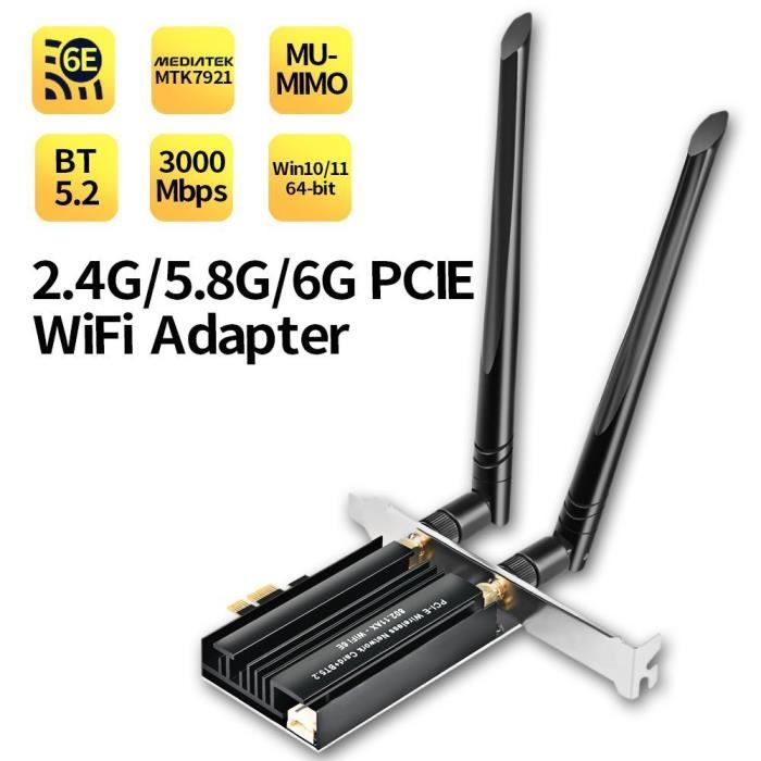 Ubit Carte WiFi 5400 Mbps PCI-E Intel WiFi 6e (6Ghz, 5Ghz, 2.4Ghz