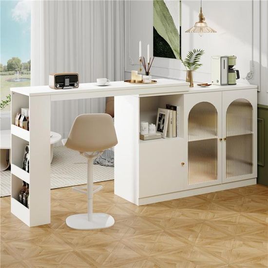 Table De Bar Extensible Avec Porte Vitrée – 121,5x40x76,7 Cm, Plateau Pivotant 360°, Rangement Intégré, Noir, En MDF Et Fer - 7