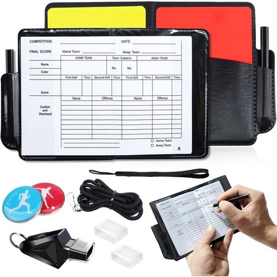 Kit Arbitre Football COCOMAX – Cartons Rouge/jaune PVC, Sifflet 130dB, Carnet De Scores, Porte-clés – Complet