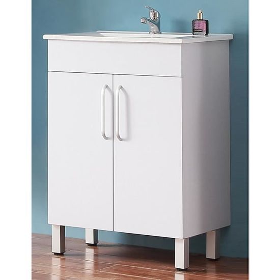 Meuble sous-vasque 60cm, meuble blanc + Vasque en Céramique, Armoire sous lavabo deux portes