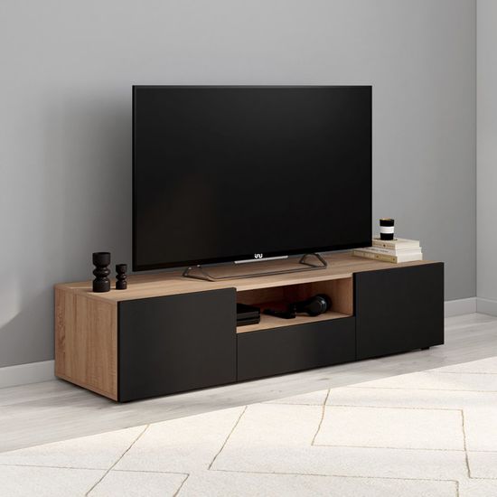 Meuble TV Extensible Raphael – Longueur 140 à 200 Cm, 2 Portes, Finition Bois Et Noir | Panneaux Particules, Rangement Pratique