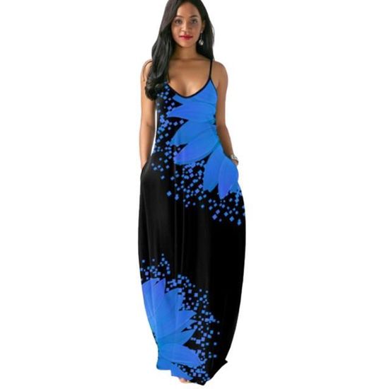 Robe longue femme imprime artistique a bretelles