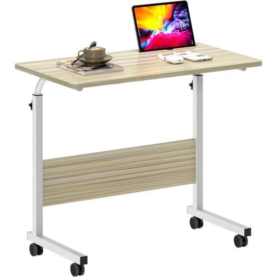 Table De Lit LANTUS à Roulettes - Réglable Hauteur 58-90cm - Pivote 360° - Plateau Bois - 60x34.5cm