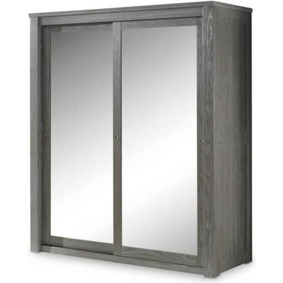 Armoire 2 Portes Coulissantes Miroir Bois Massif Gris Gabriel