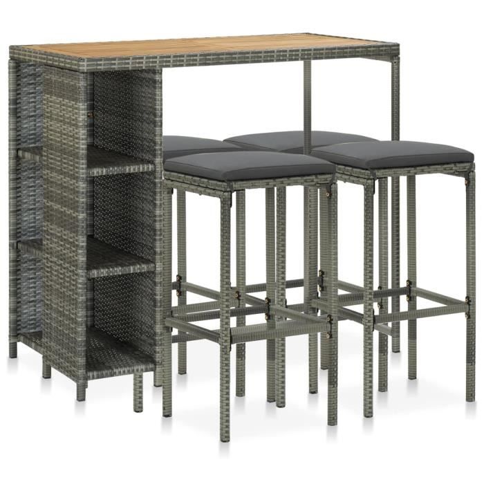 FMC® Ensemble Table de bar de jardin + 4 tabourets bar Contemporain - Mange-Debout - et coussins Résine tressée Gris ♪♪49122