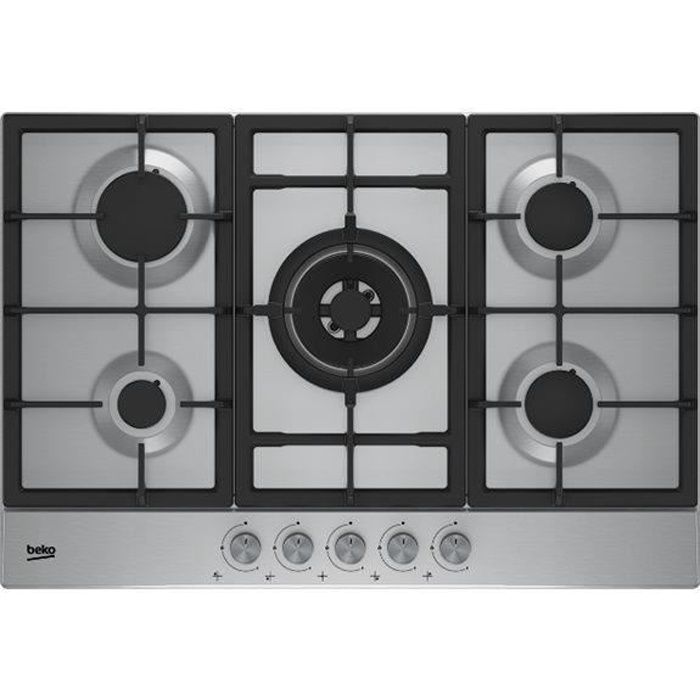 BEKO - HIAW75225SX - Table de cuisson Gaz - 4 foyers gaz + 1 double couronne - Support fonte - 75 cm