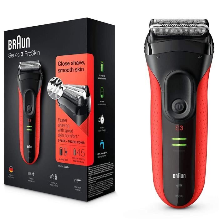 Braun Series 3 ProSkin 3030s Rasoir Électrique Homme Barbe, Noir/Rouge - Rasoir Électrique Rechargeable