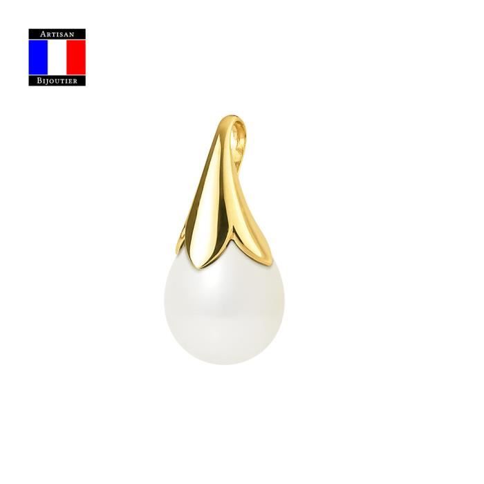 Compagnie Générale des Perles - Pendentif Fleur Véritable Perle de Culture Poire 9-10 mm - Or Jaune 18 Carats - Bijou Femme