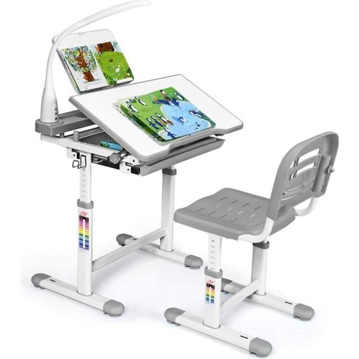 GIANTEX Ensemble de Chaise de Bureau d'Étude pour Enfants avec Lampe et Support de Livre,Hauteur Réglable et Inclinable