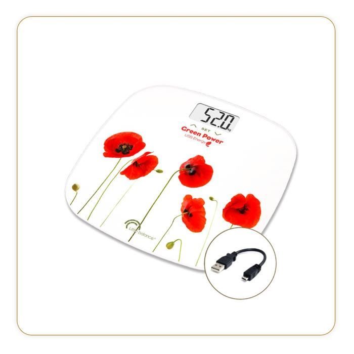LITTLE BALANCE 8449 IMC Soft USB, Pèse personne sans pile, RechargeableUSB, Calcul IMC, 180 kg / 100 g, Coquelicots