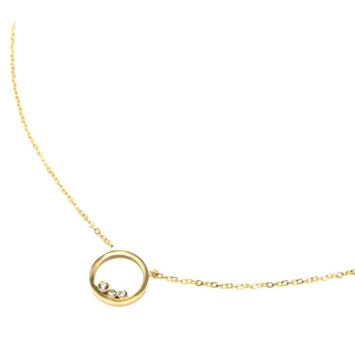 CC2413D - Collier Fine Chaîne avec Pendentif Cercle Pierres Contour Acier Doré