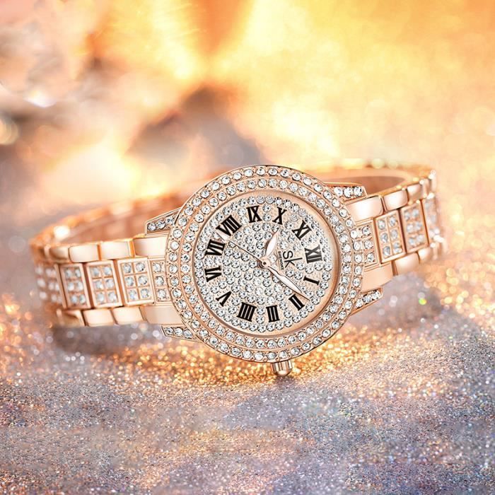 SHARPHY® Montre Femme de marque de luxe chiffres romains plein de strass bracelet en acier étanche- Cadeau pour femme