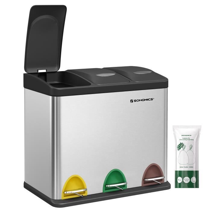 SONGMICS Poubelle de Cuisine LTB24L - Avec pédales et 3 compartiments - Tri sélectif de recyclage - En inox - 24 L