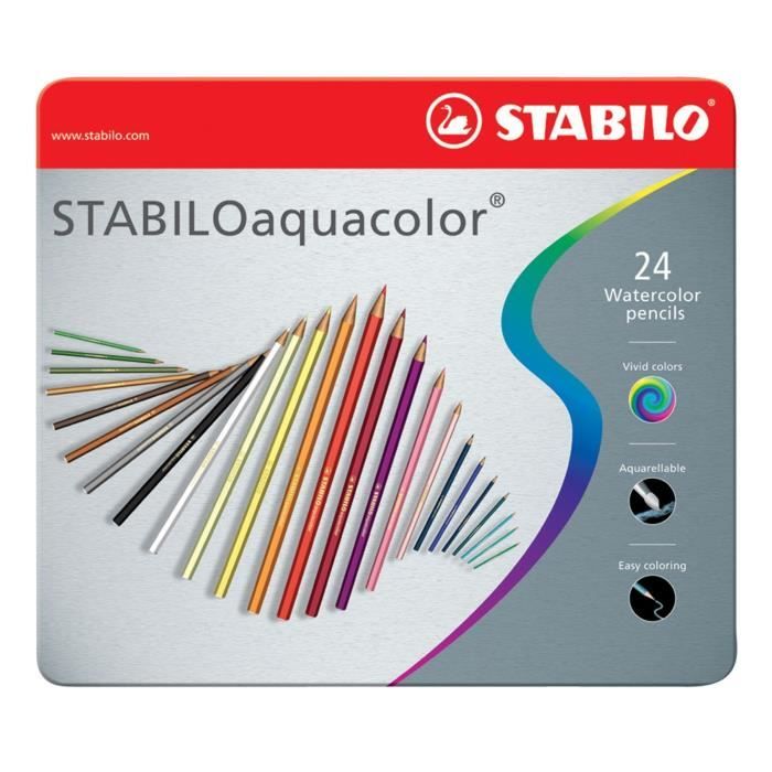 STABILO Boîte métal de 24 crayons de couleur aquarellables Aquacolor