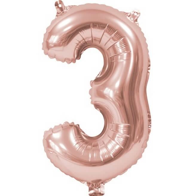 BA3000 - 1 Ballon anniversaire chiffre 3 rose gold métallique. Matière aluminium.