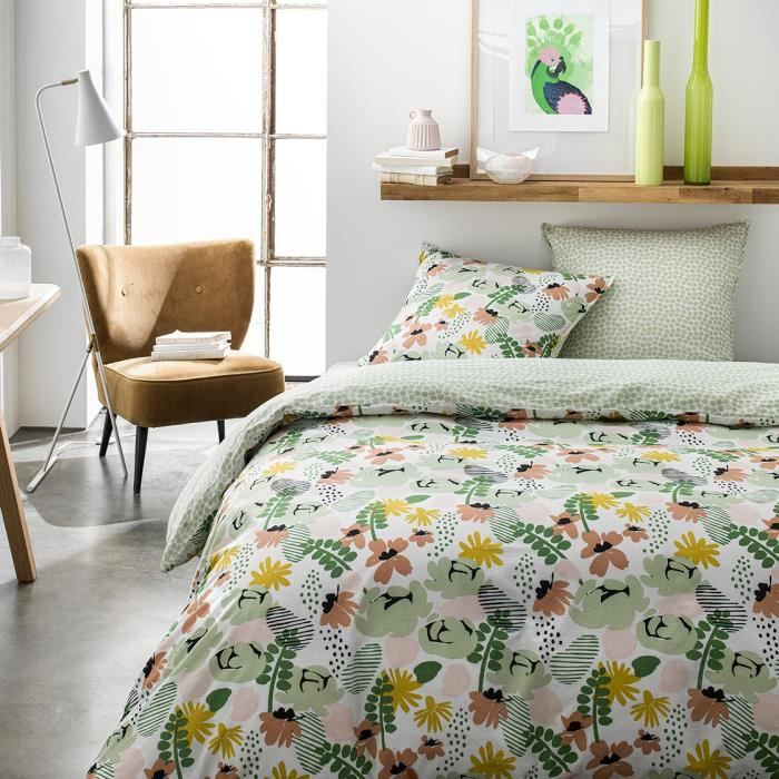 TODAY Parure de lit 2 personnes 240X260 Coton imprime vert Floral SUNSHINE TODAY