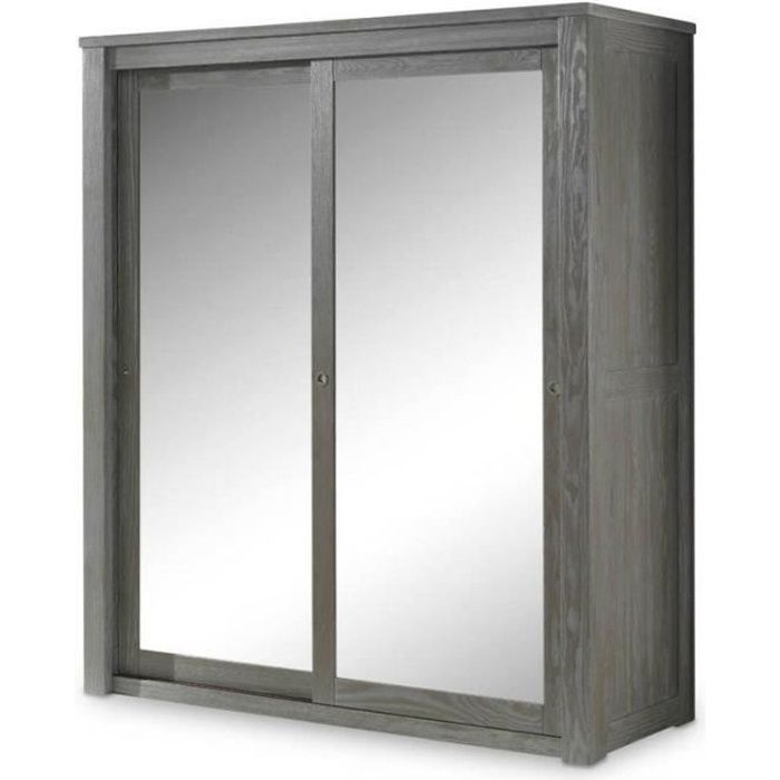 Armoire 2 portes coulissantes Miroir/Bois massif Gris - GABRIEL - L 180 x l 64 x H 202